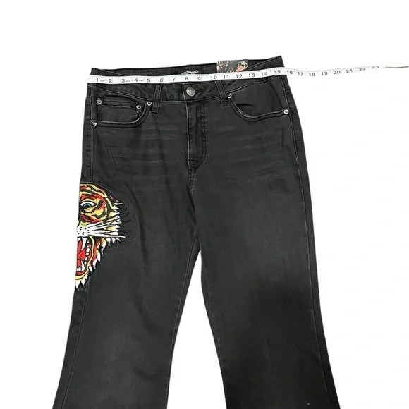 Y2K Ed Hardy Women's Biker Chic Black Denim Tiger head Slim Flare Jean Size: 30 - Picture 7 of 12